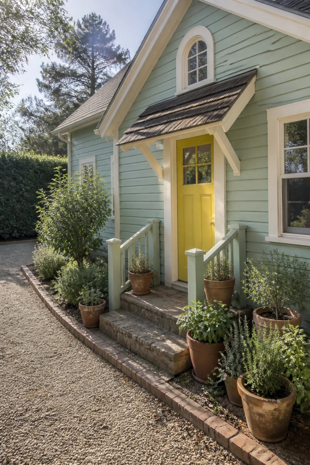 Light green house with yellow door and potted plants on stone steps.