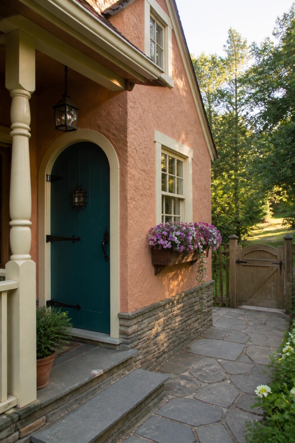 Cottage exterior walls painted in warm peach stucco above a stone foundation.
