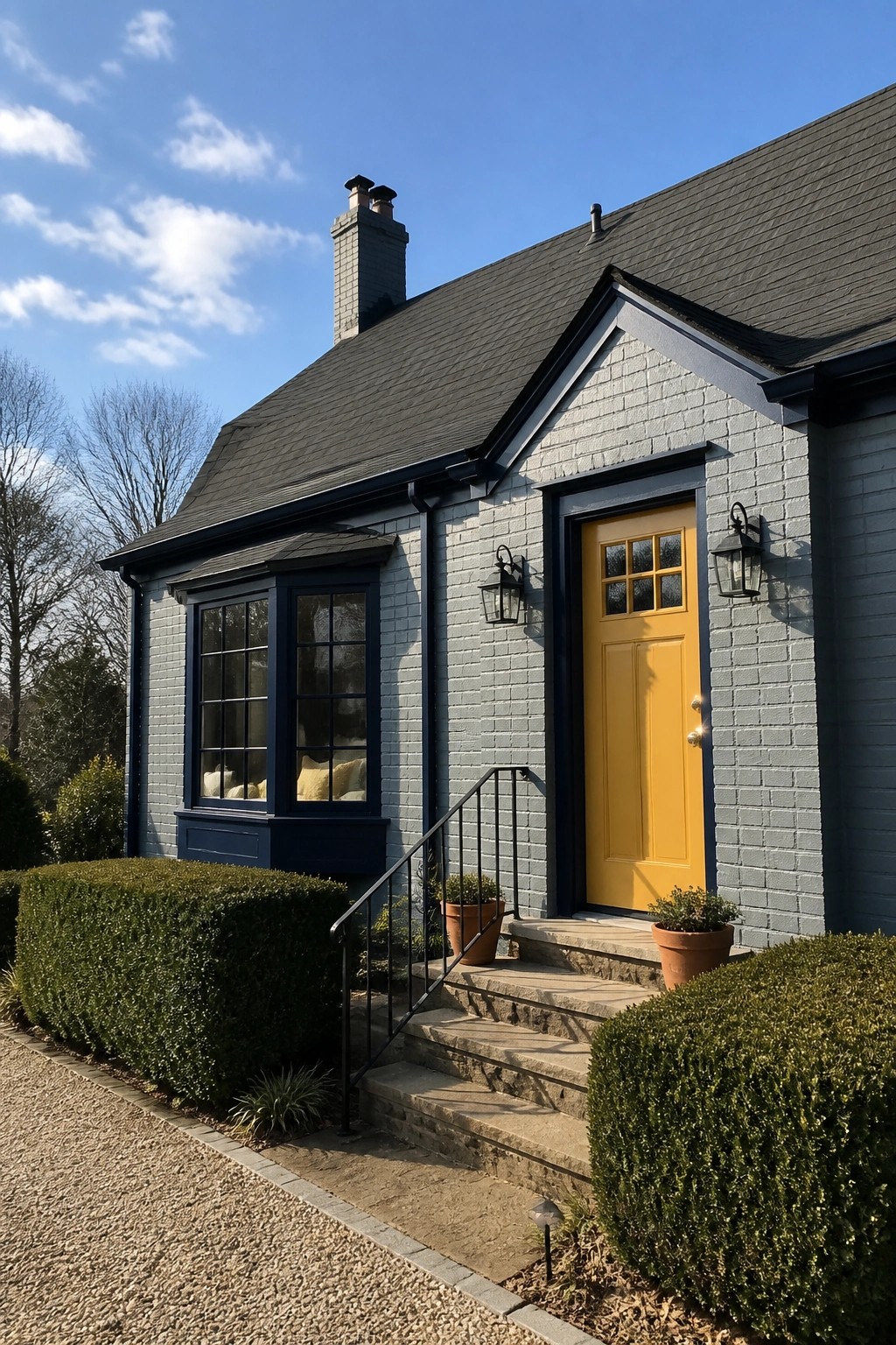 Light blue-gray painted brick siding on a small cottage with dark trim and a yellow door.