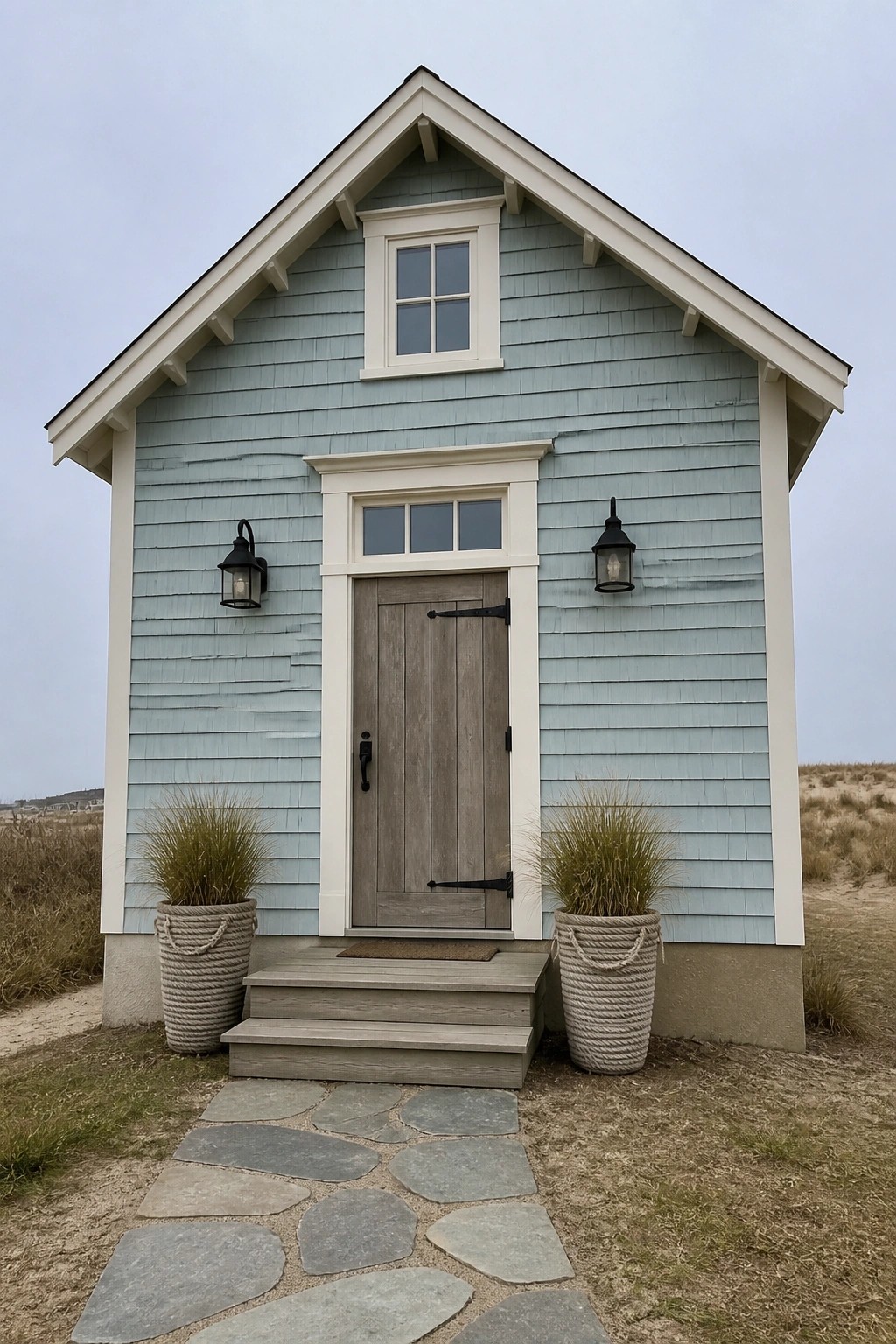 Light blue shingled cottage with gray door, black lanterns, and rope planters on stone path.