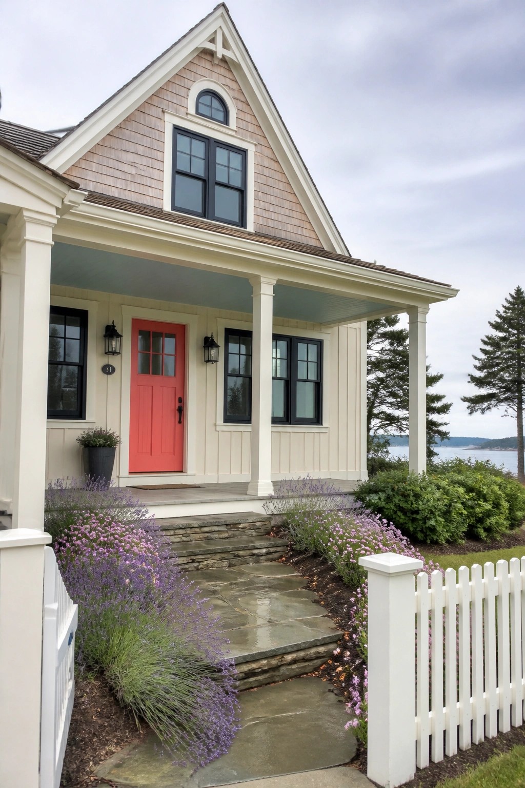 Coastal cottage with red door, white porch, stone path, and purple flowers.