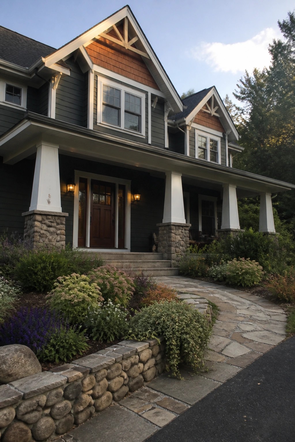 Dark charcoal gray siding on a large two-story house with stone porch columns and white trim.