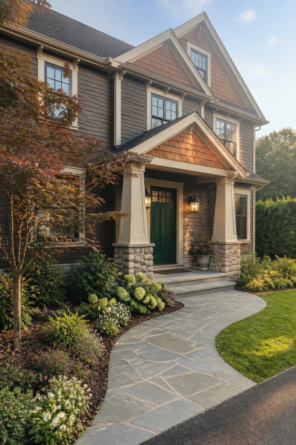 Large two-story house exterior painted in dark greige siding with stone column bases at the entry.