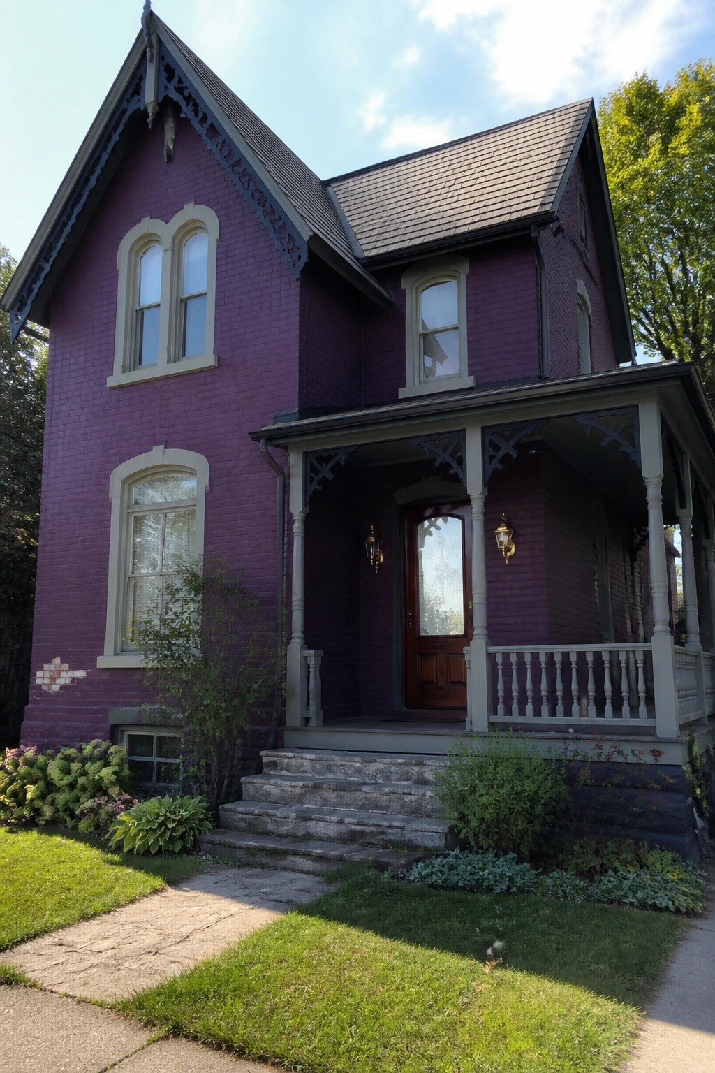 Purple Victorian house with white porch, stone steps, and garden plants.