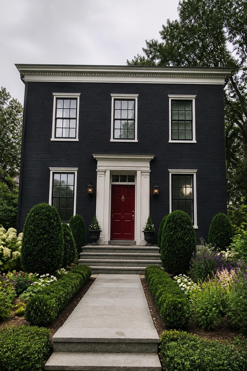 A large two-story house with deep black siding, white trim, and a red front door.
