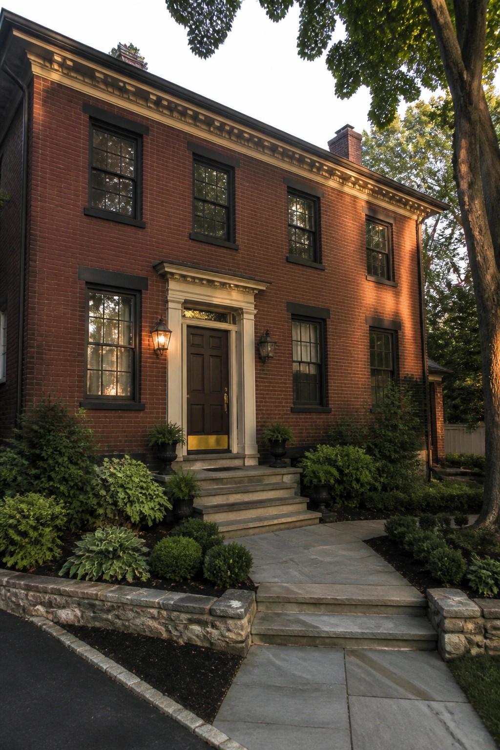 A large two-story red brick house with black window frames and trim.