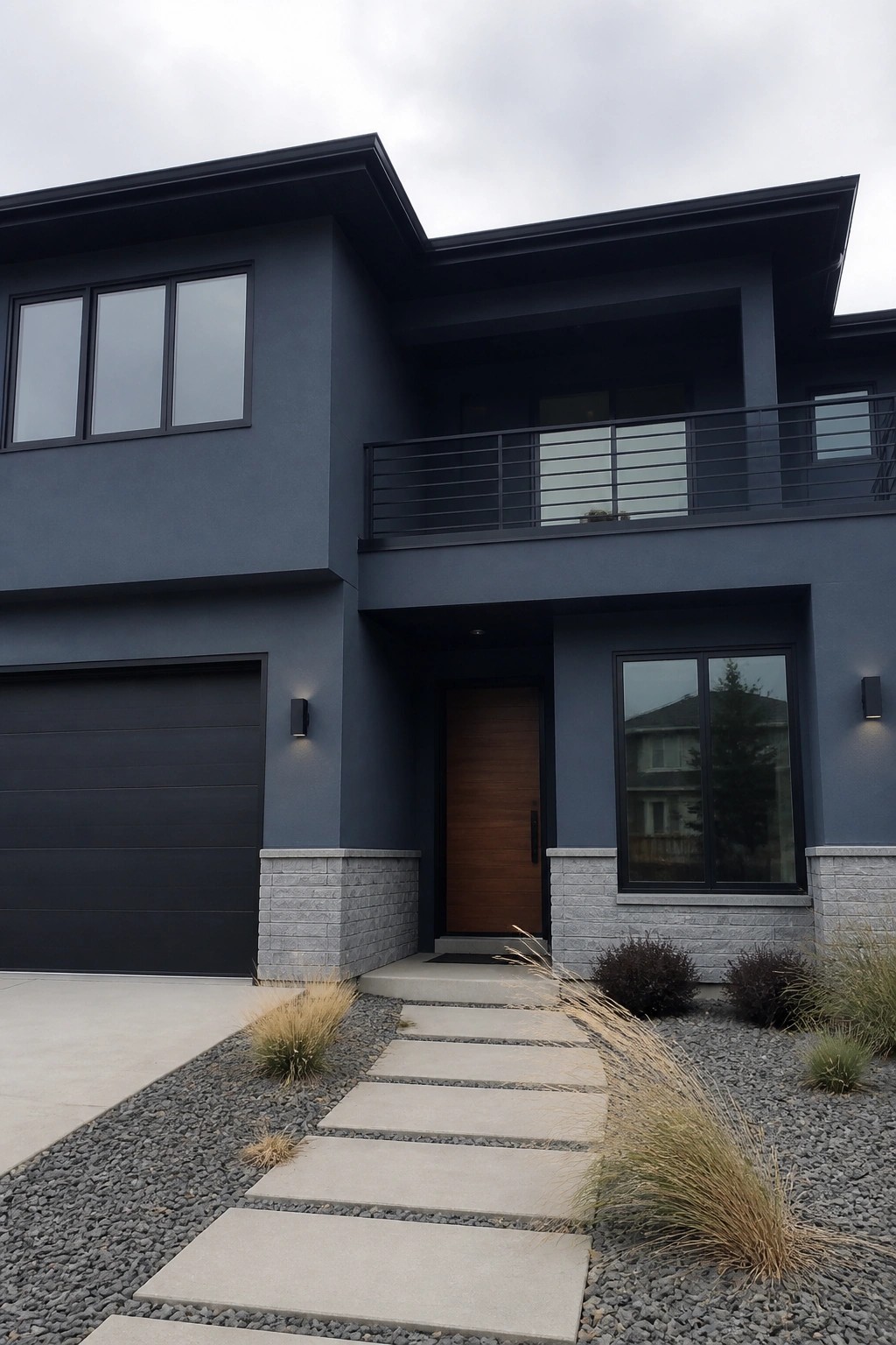 A large two-story house with deep blue gray siding and stone base accents.