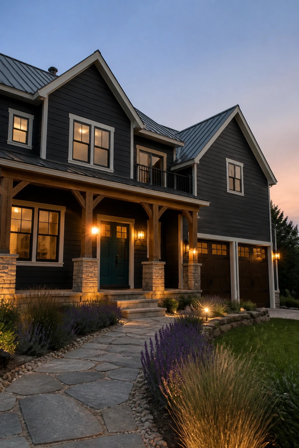 Large two-story house with deep charcoal siding and stone accents at dusk.