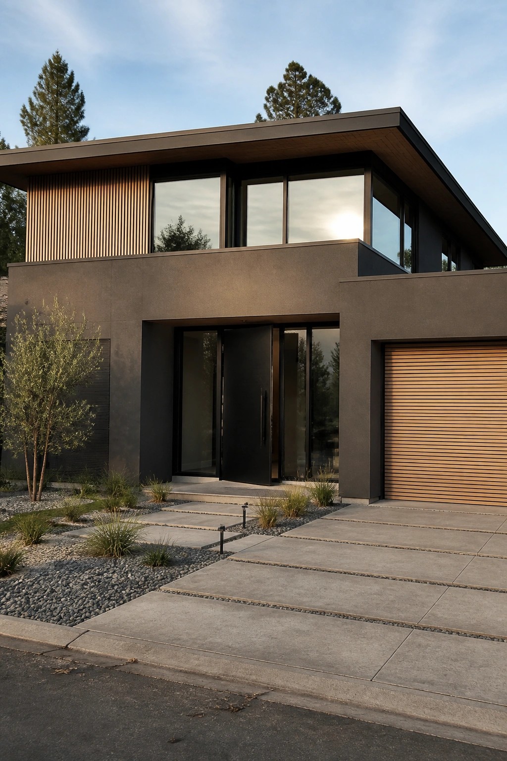 Modern two-story home with deep charcoal gray siding paired with warm wood accents and black windows.