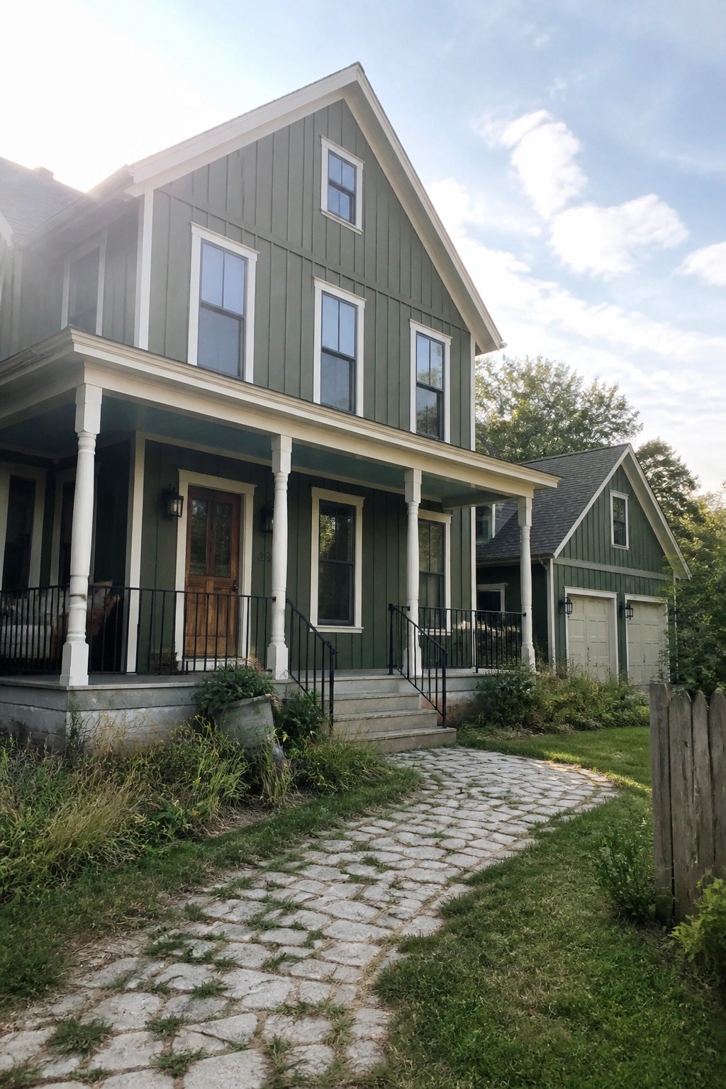 A large two-story house with deep green siding, white trim, and a stone walkway leading to the porch.