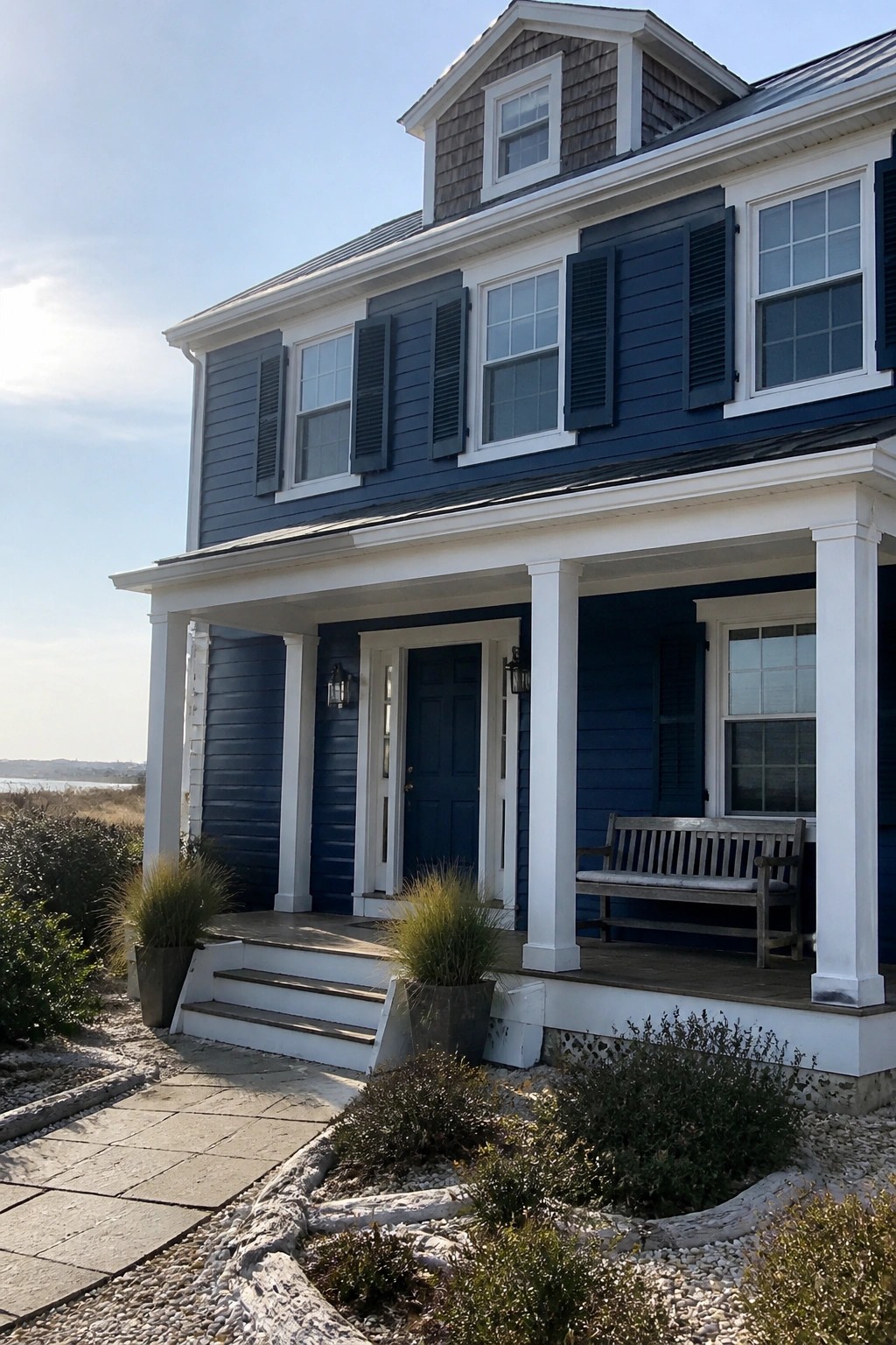Blue two-story house with white porch, columns, bench, and stone path.