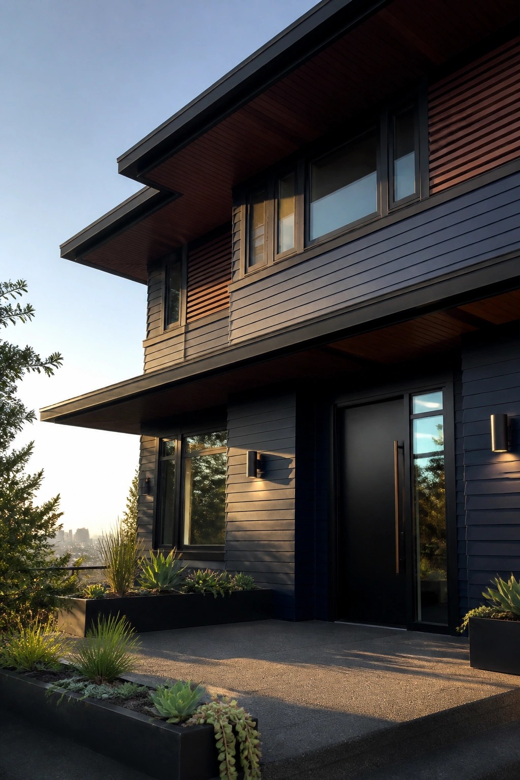 A large two-story modern home with deep navy siding and warm wood ceiling details.