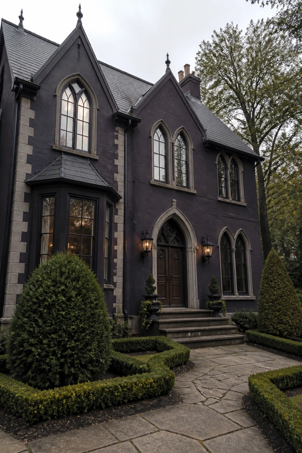 Large two-story home with deep purple gray siding and stone accents.