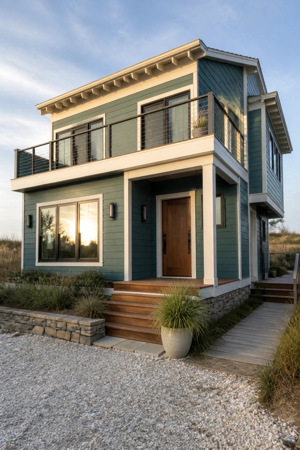 A two-story house painted in deep teal green siding with white trim and a stone base.