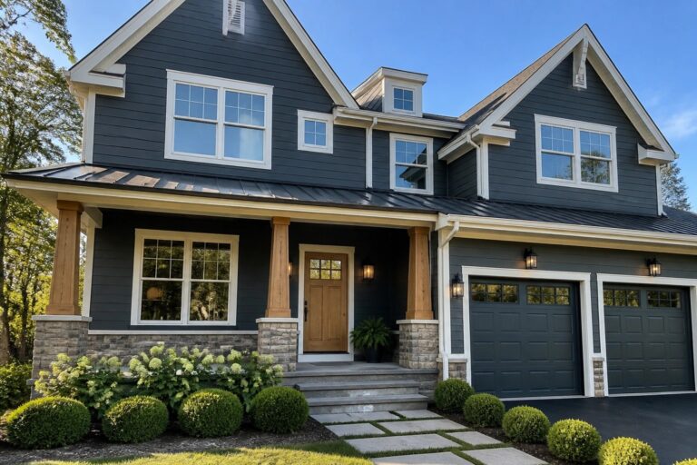 19 Dramatic Dark Exterior House Colors for Large Two-Story Homes Large two-story home with dark charcoal gray siding, wood columns, and stone foundation.