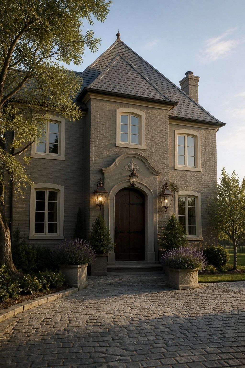 Large two-story home with slate gray brick siding and a dark wood front door.