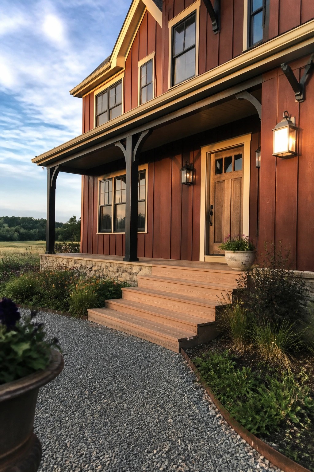 A two-story house with deep red wood siding, black trim, and a stone foundation.
