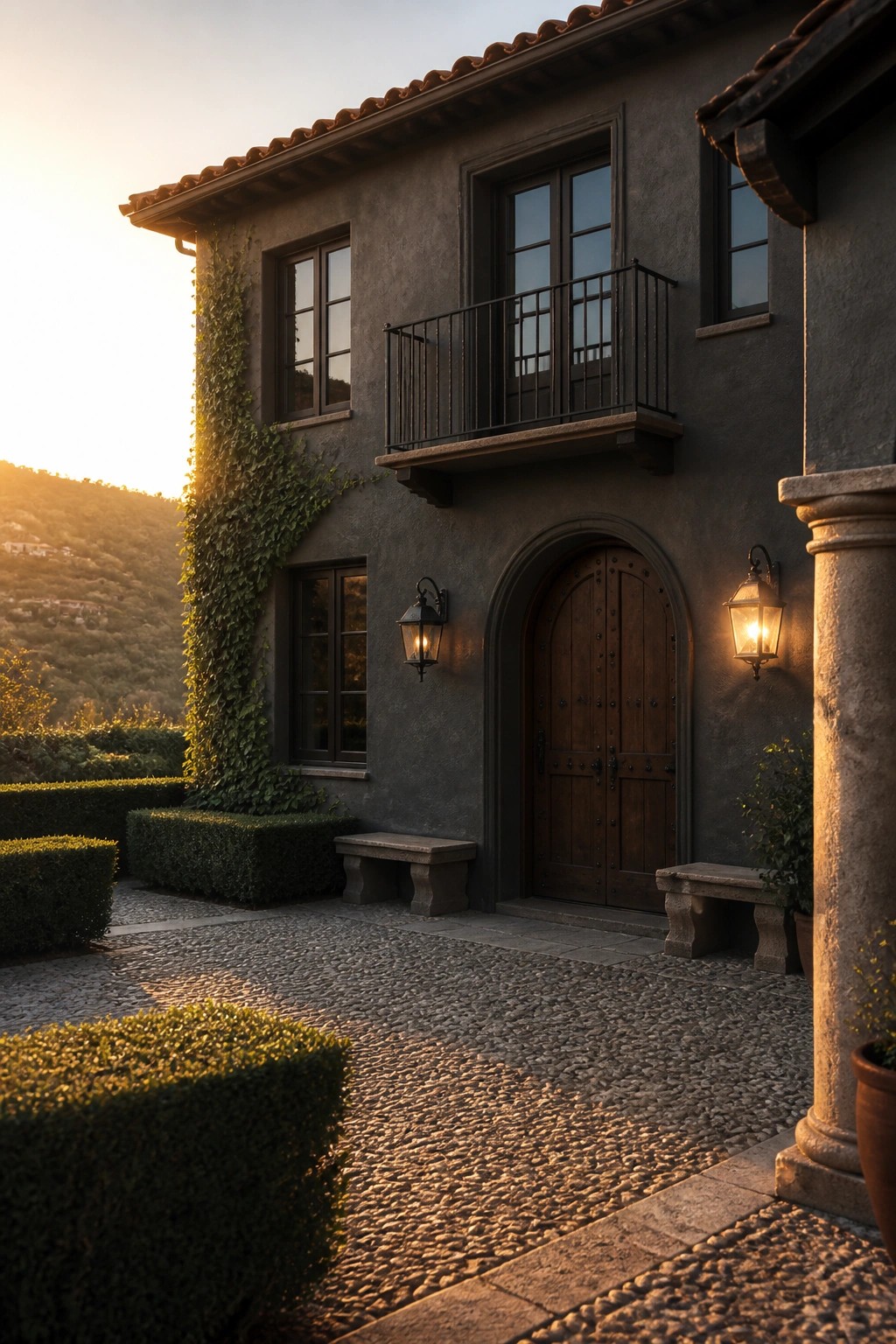 Dark charcoal stucco walls on a two-story home with wood door and terracotta roof.