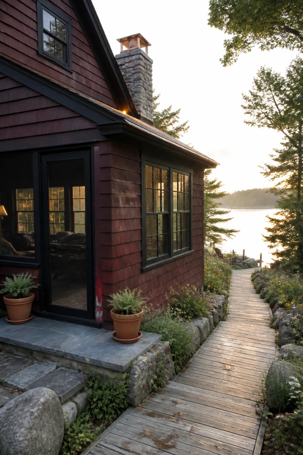 A dark red shingled house with black trim and a stone chimney stands next to a wooden boardwalk that leads toward a lake, with trees and plants around it.