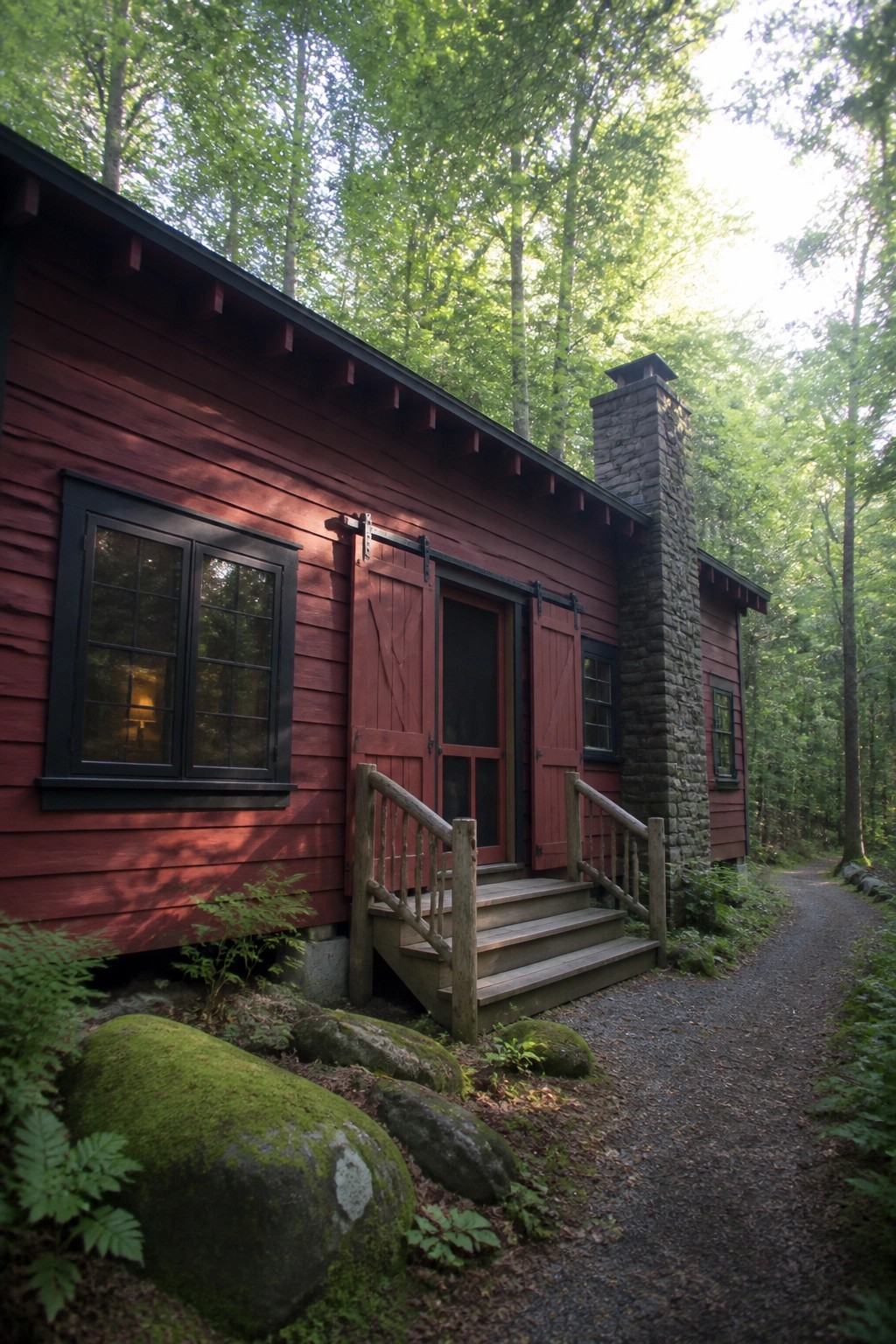 Red wooden cabin with stone chimney, wooden steps, mossy rocks in forest setting