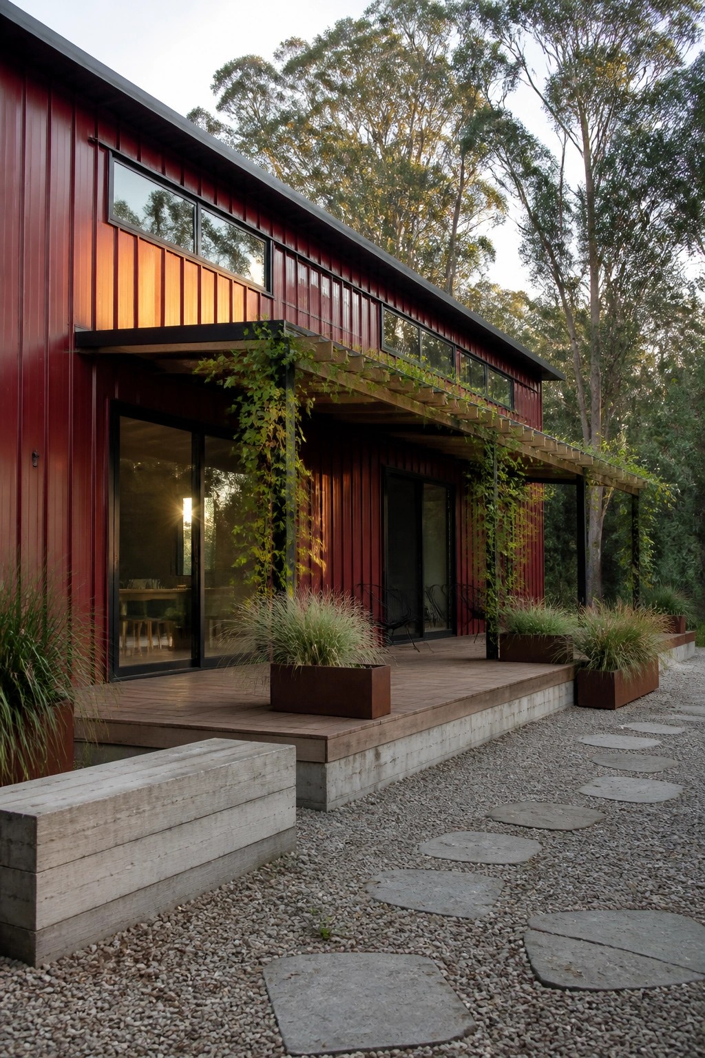 A dark red metal house with a wooden deck, large windows, and gravel path leading through trees.