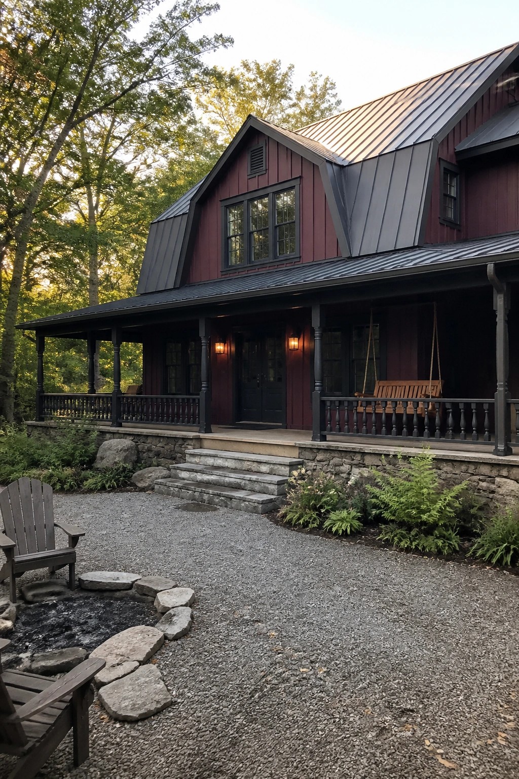 Red wooden house with dark metal roof, porch swing, and stone fire pit