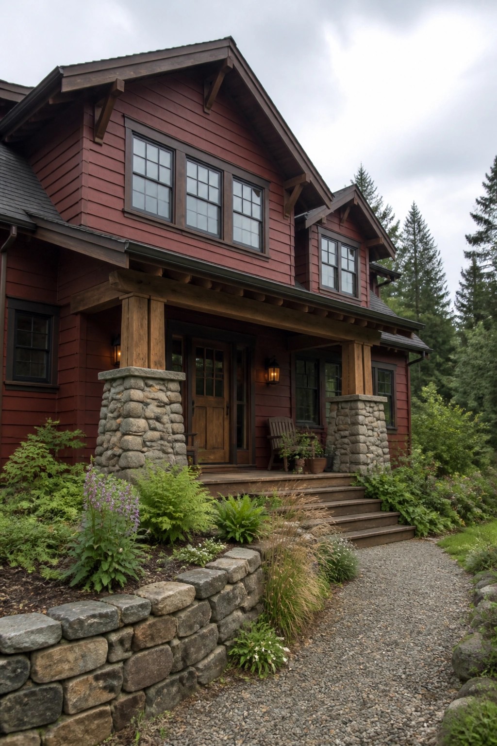 A two-story house with dark red siding, wooden trim, stone porch supports, and a gravel path in front, surrounded by trees and greenery.