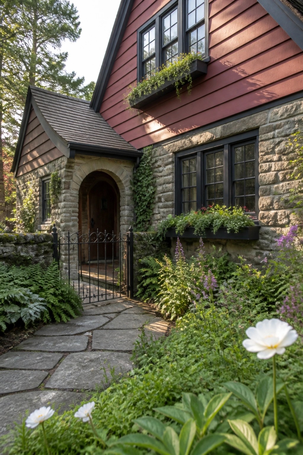 A dark red house with stone walls, black-framed windows, an arched wooden door, and a stone path bordered by ferns and flowers.