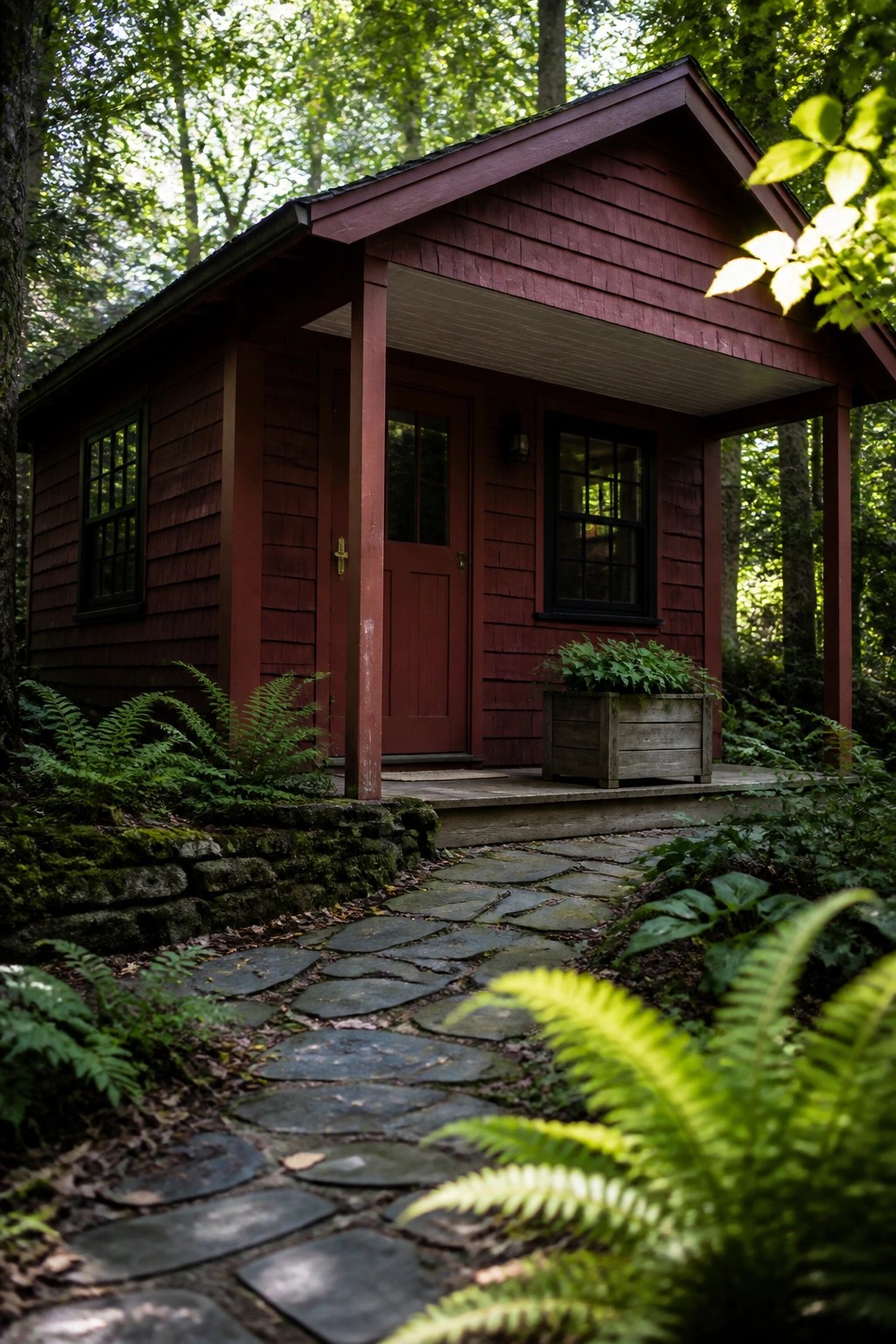 A small red wooden house with a gabled roof and covered porch stands in a dense forest, with a stone pathway leading to the front door.