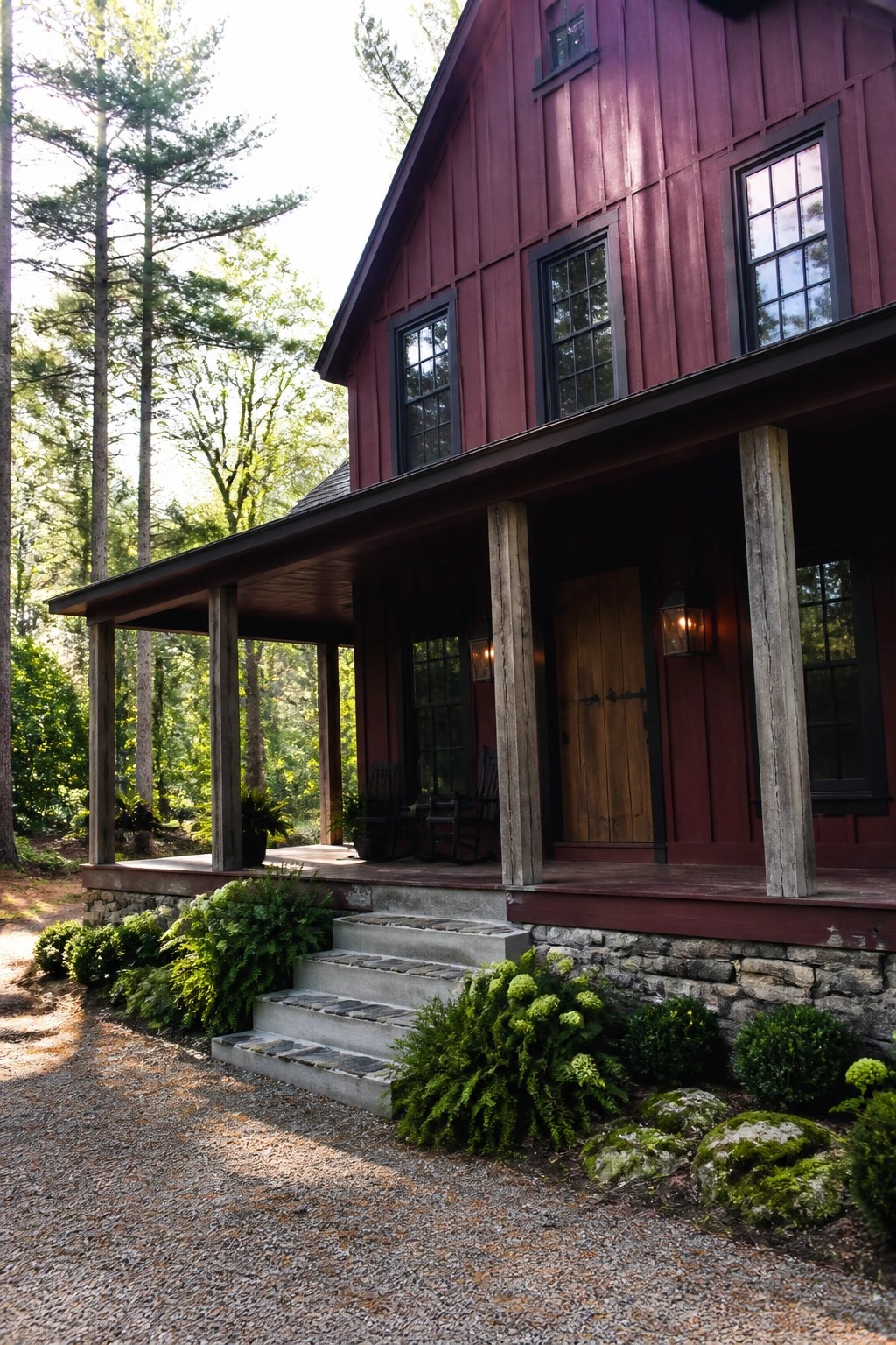 A two-story house with dark red siding, black-trimmed windows, a covered porch with rustic wood posts, and a wooden door, set in a wooded area with concrete steps and greenery at the base.