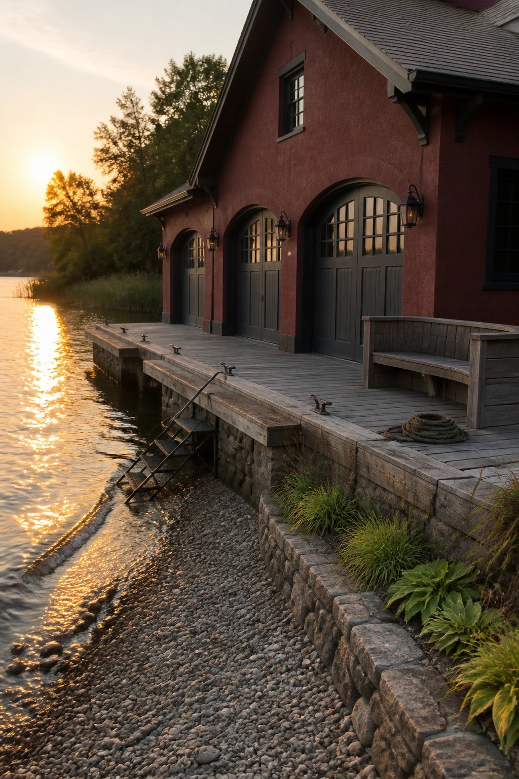 A dark red house with gray arched doors and a wooden dock along the water, bordered by a stone wall and trees at sunset.