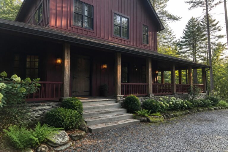 15 Elegant Dark Red House Exteriors That Suit Wooded Settings A two-story house with dark red siding, black-trimmed windows, a covered porch with rustic wood posts, and a wooden door, set in a wooded area with concrete steps and greenery at the base.