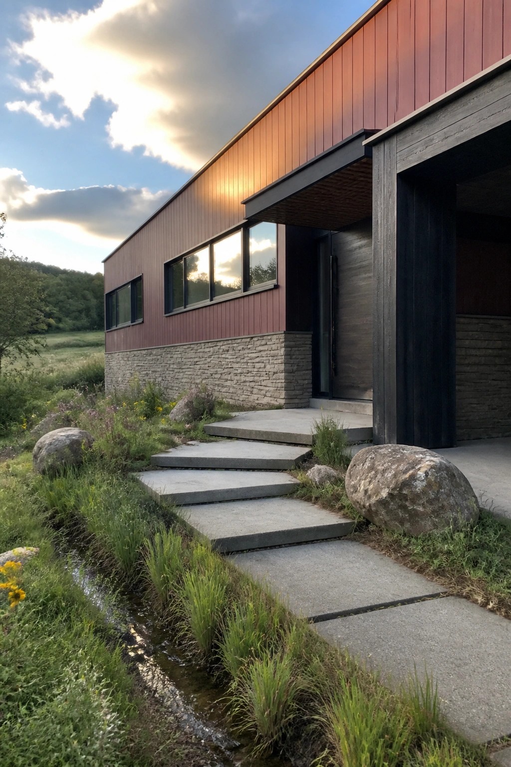 A modern house with dark red vertical siding, a stone foundation, black-framed windows, and concrete steps leading to the front entrance in a grassy field with trees and rocks nearby.