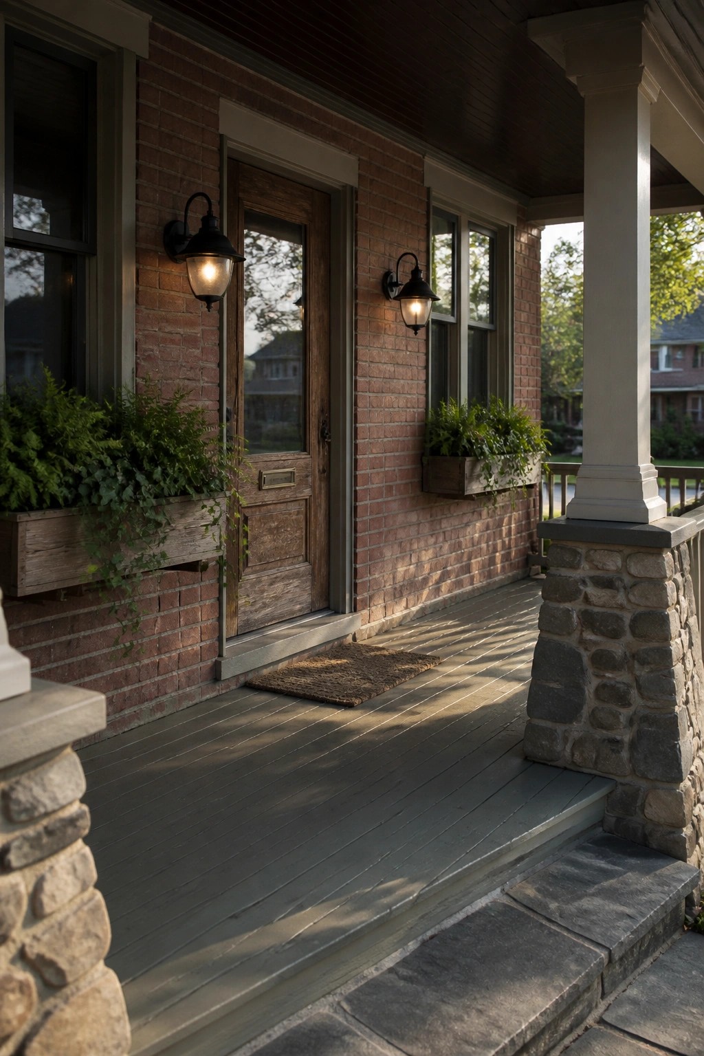 Brick house porch with wooden door, glowing lanterns, and fern-filled planters