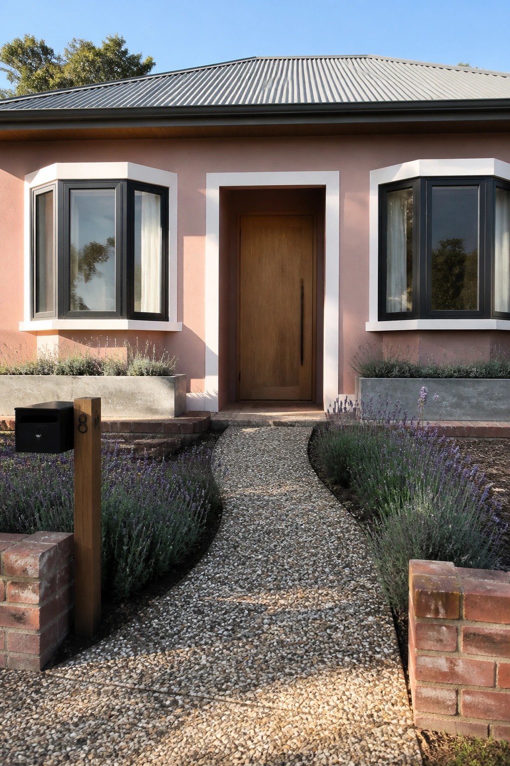 Front view of a dusty pink house exterior with a centered wooden door, white trim, black-framed bay windows on each side, and a gravel path leading to the entrance.