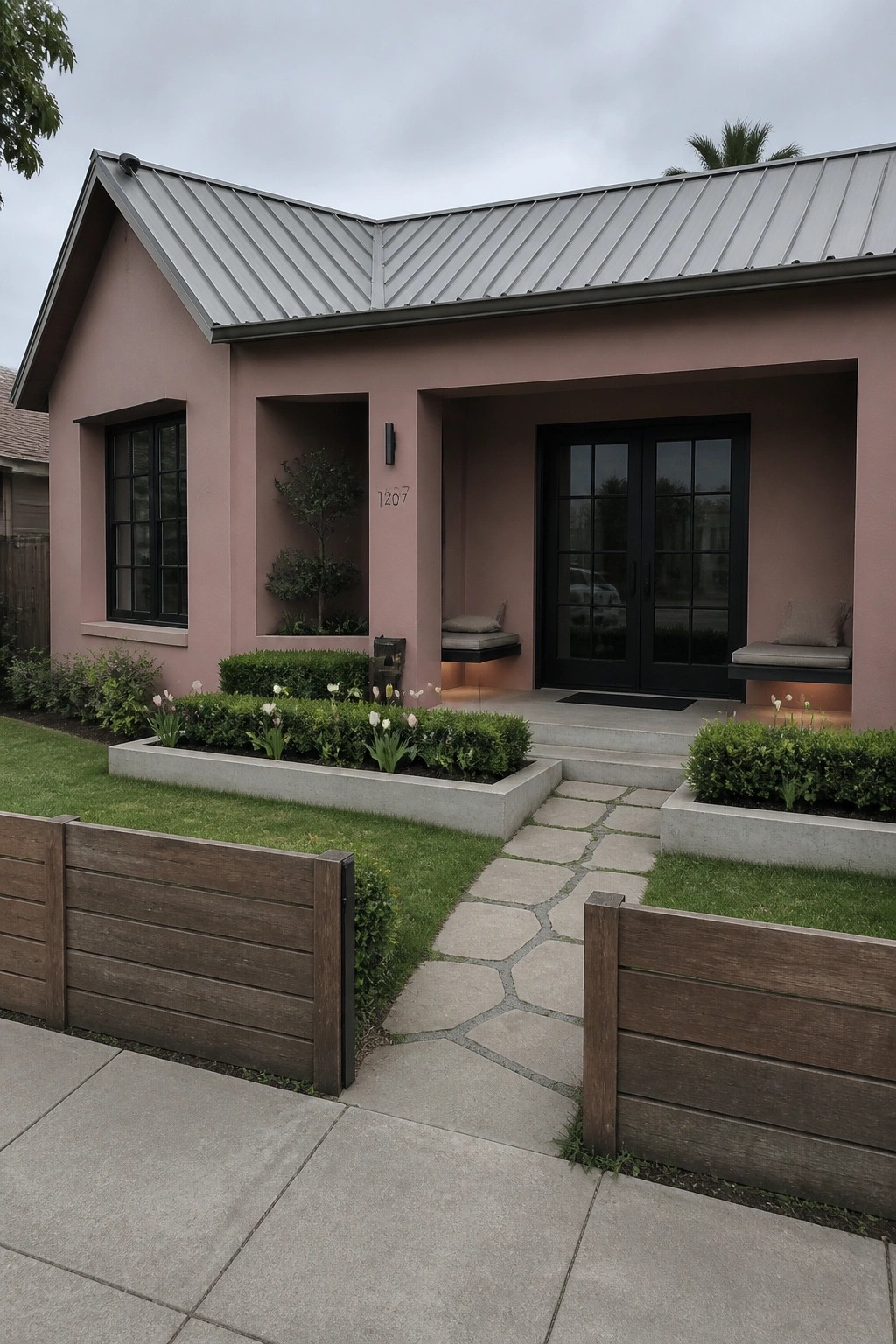 A single-story modern house with dusty pink stucco walls, a gray metal roof, black-framed windows and doors, and built-in seating niches beside the entrance.