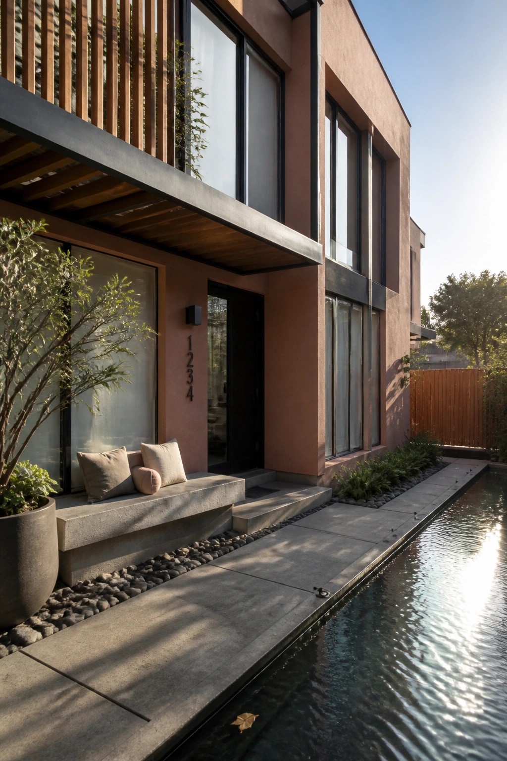 Modern two-story house with dusty pink stucco walls, black-framed windows, a black door, concrete walkway, and narrow water channel along the front.