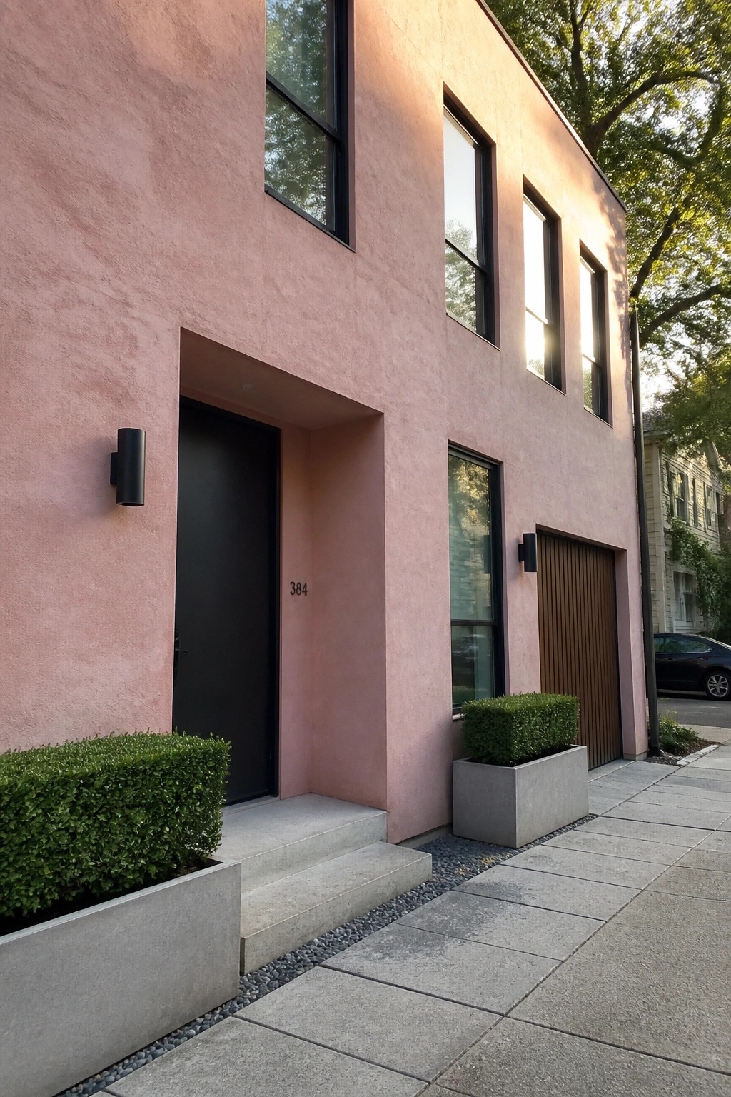 A modern two-story house with dusty pink stucco walls, black-framed windows, a black door in a recessed entry, and concrete planters with greenery along the sidewalk.