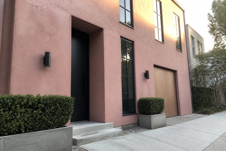 A modern two-story house with dusty pink stucco walls, black-framed windows, a black door in a recessed entry, and concrete planters with greenery along the sidewalk.