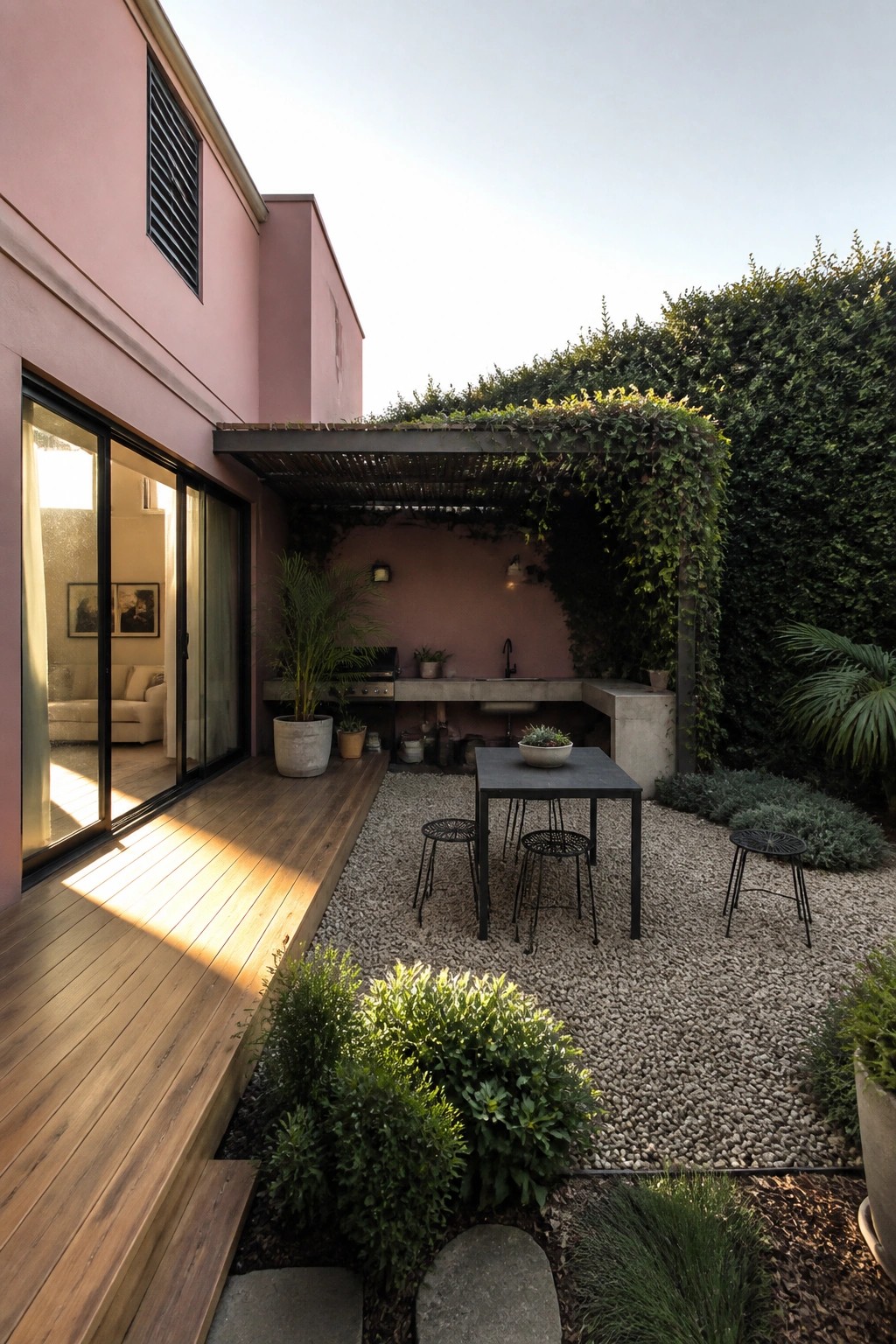 Pink-walled courtyard with wooden deck, gravel patio, dining set, and outdoor kitchen.
