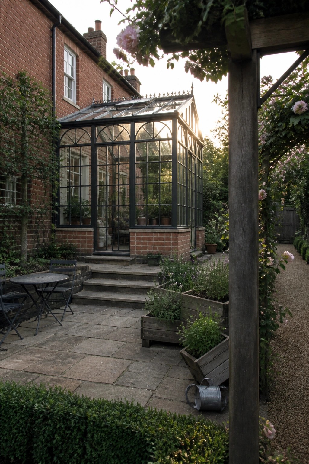A red brick Victorian house with a black-framed glass conservatory, stone patio, wooden planters, and climbing roses on a wooden pergola at dusk.