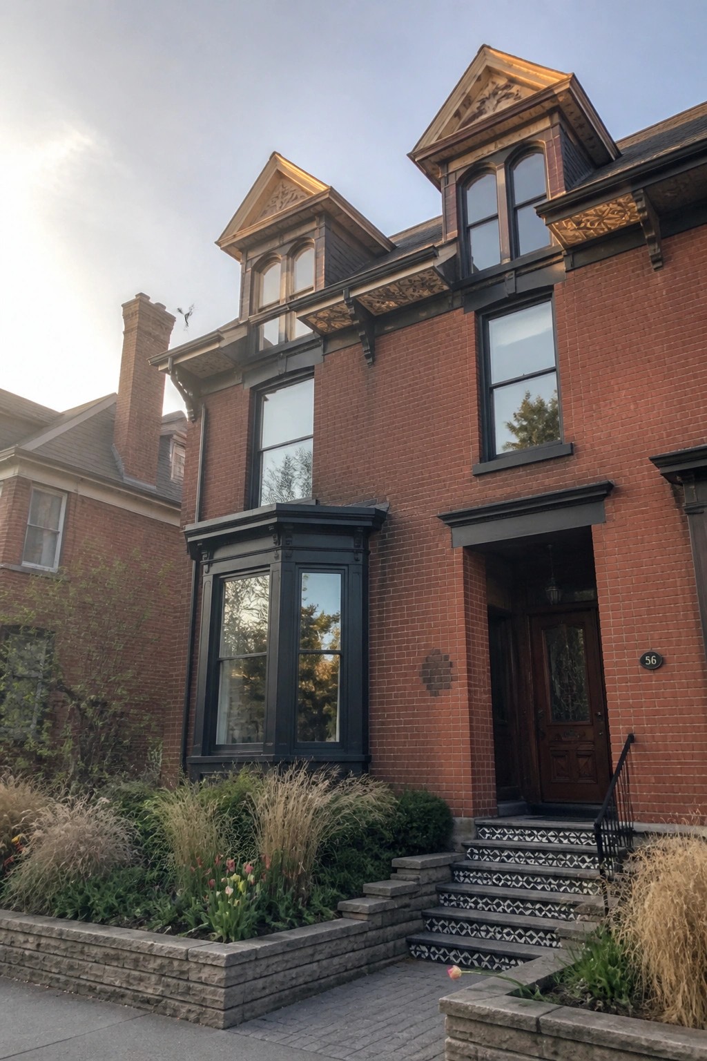 A red brick Victorian house exterior with dark painted trim, ornate dormers, bay window, and front entrance with patterned tile steps.