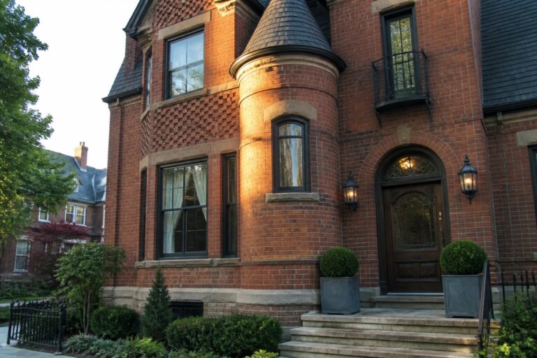 16 Refined Red Brick Victorian Exteriors That Highlight Ornate Details A red brick Victorian house exterior featuring a round turret, an arched wooden entry door with stone surround, multiple windows with black frames, and two potted shrubs flanking the front steps.