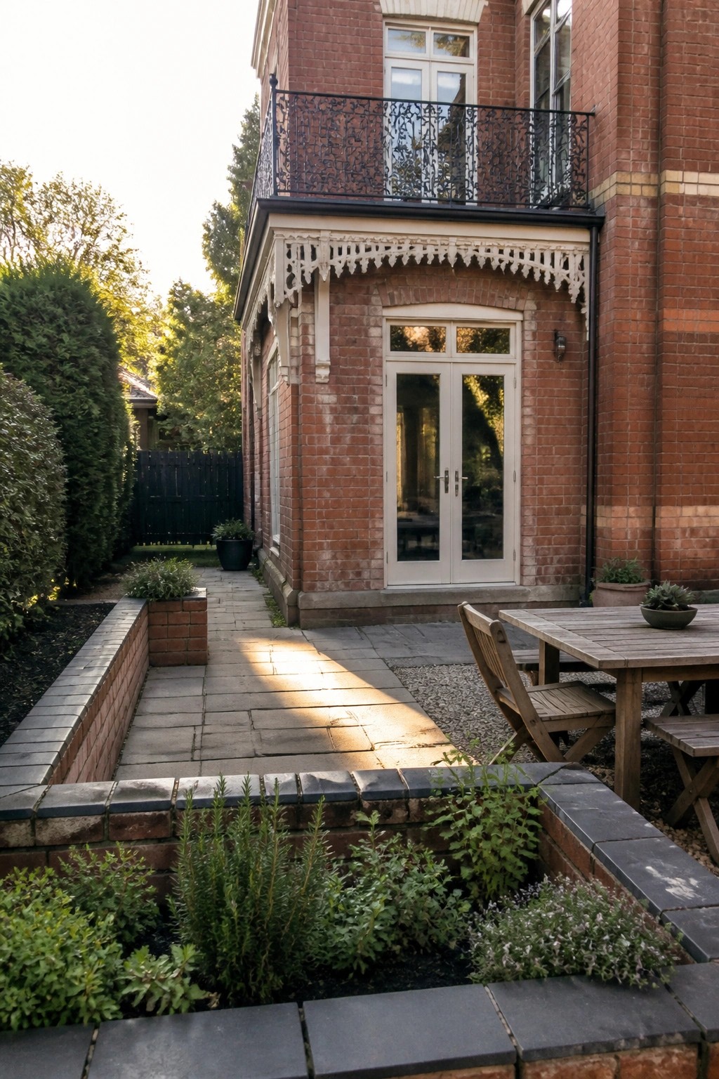Brick house with white doors, stone patio, raised garden beds and wooden table.