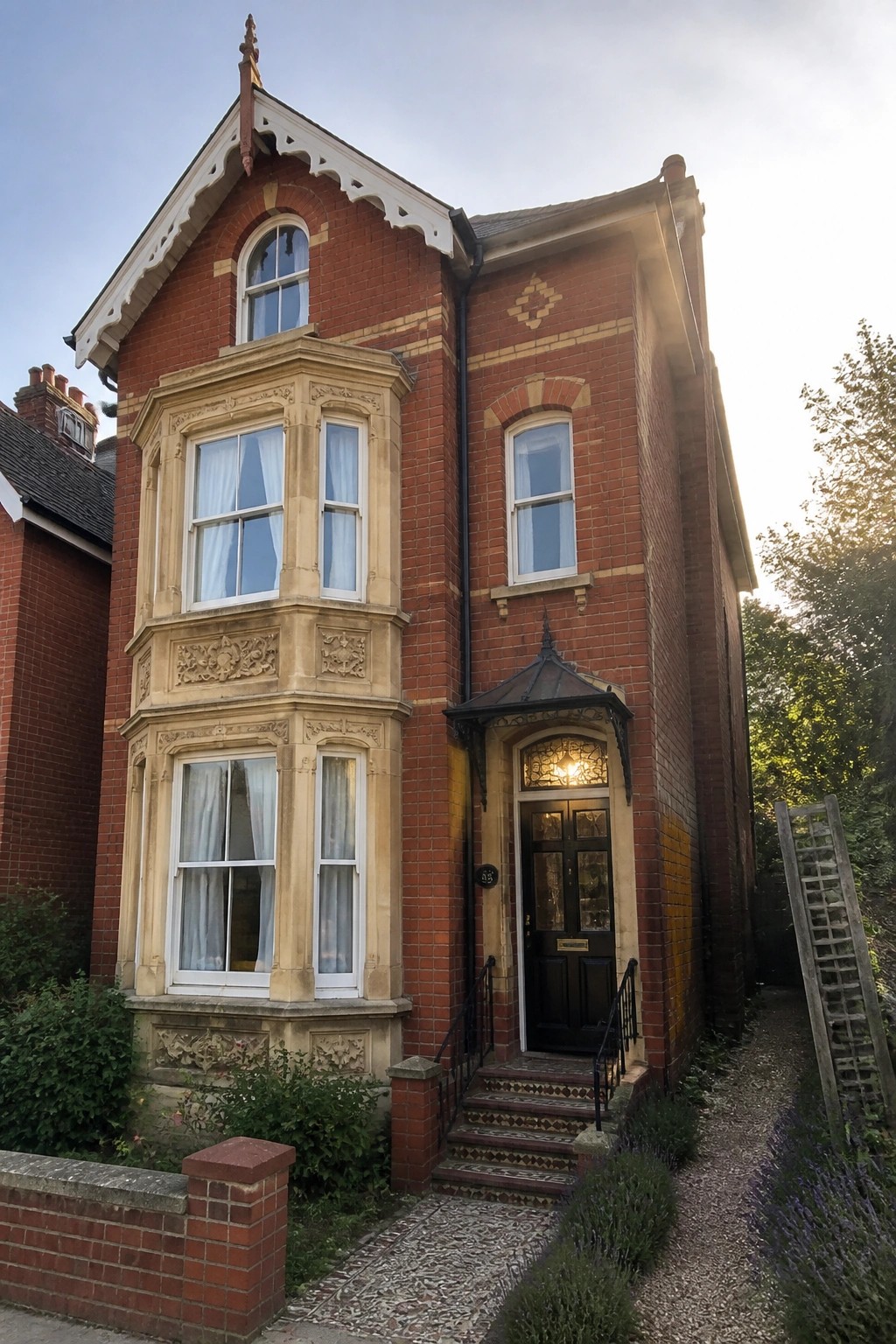 A red brick Victorian house featuring a multi-level bay window with ornate light stone surrounds and a dark wooden door under a small glass canopy.