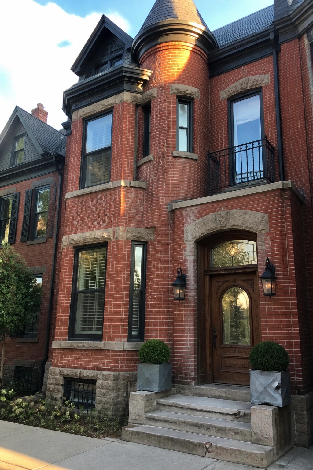 A red brick Victorian house exterior featuring a round turret, an arched wooden entry door with stone surround, multiple windows with black frames, and two potted shrubs flanking the front steps.