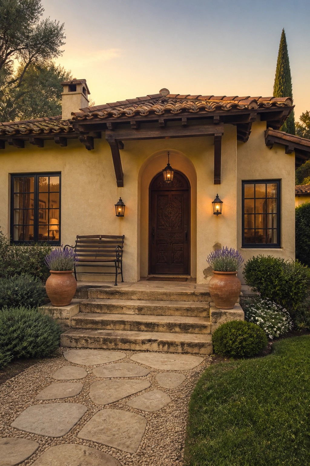 A beige stucco house exterior with a dark carved wooden door centered in an arched opening, two wall lanterns, stone steps, and terracotta pots with lavender on either side.