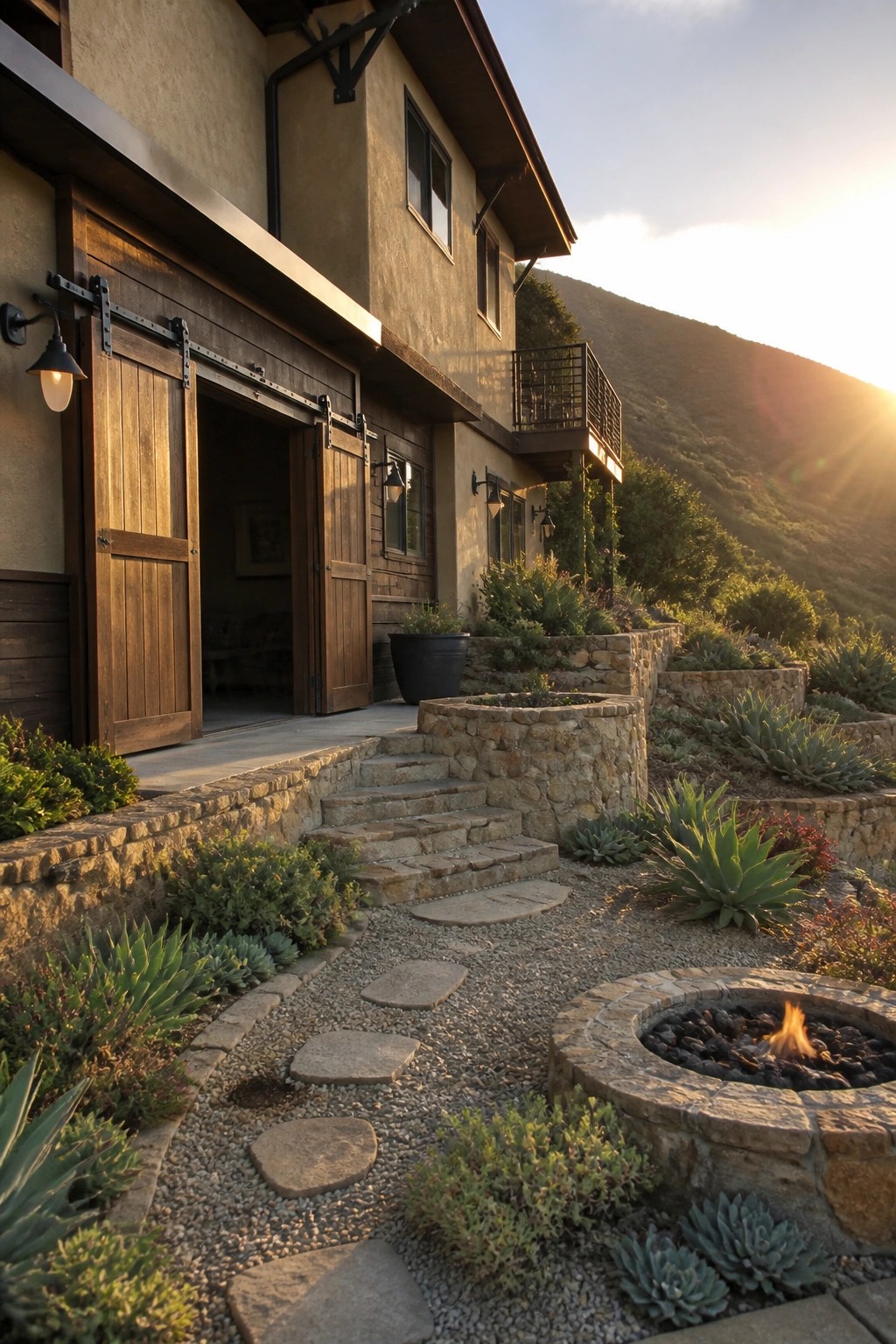 A beige stucco house with open dark wood sliding barn doors, stone steps, gravel path, and a stone fire pit surrounded by succulents at sunset.