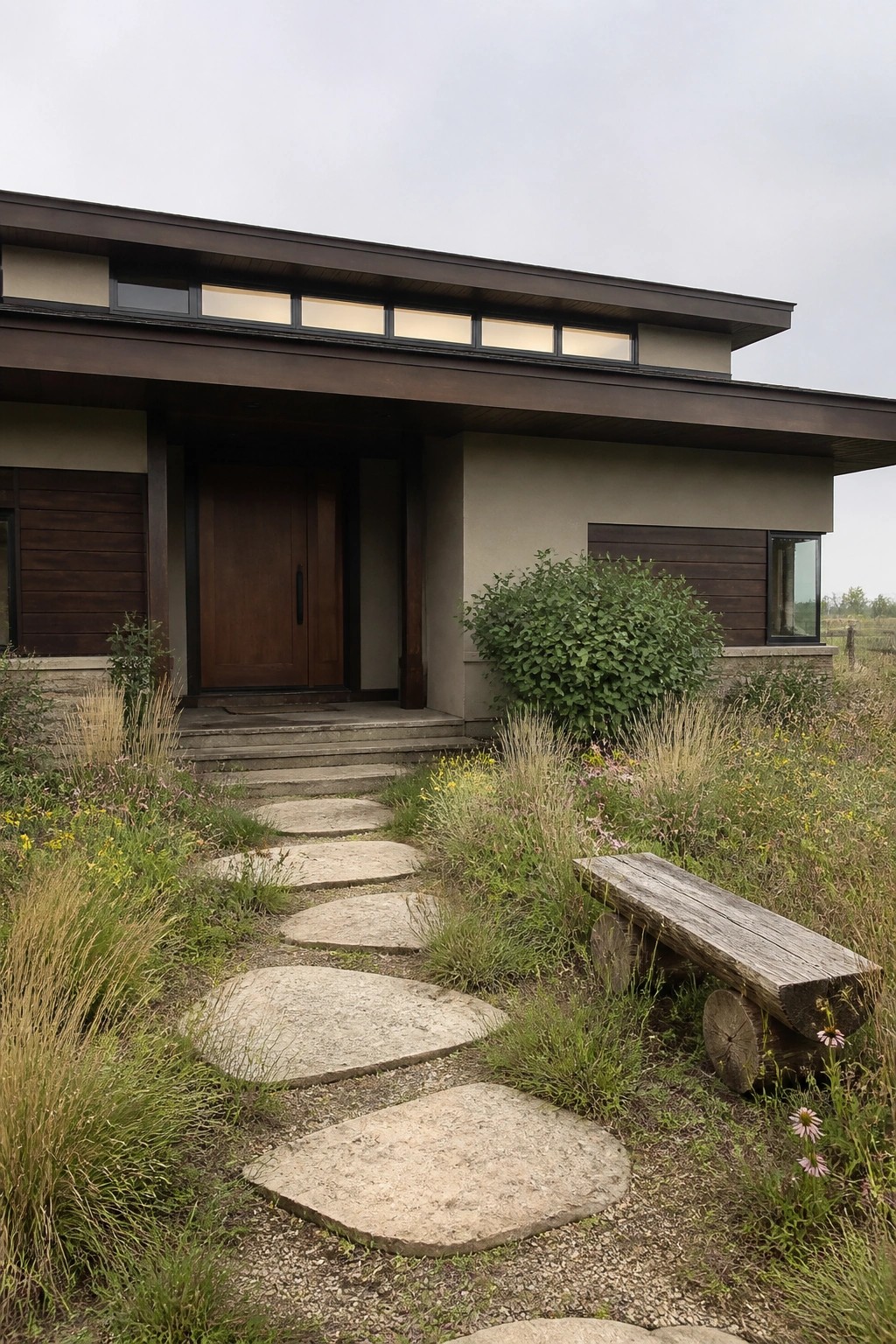 A modern house with beige walls and dark brown wood accents has a stone pathway leading to the front door through grassy landscaping.
