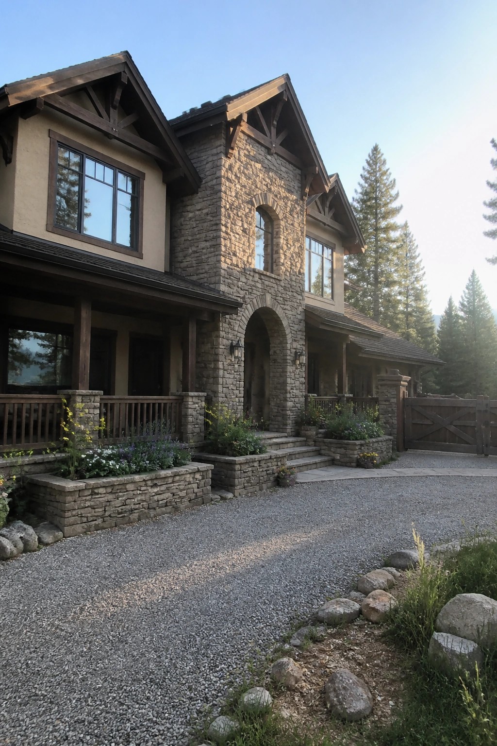 A large rustic house exterior featuring beige siding, extensive stonework, dark wood beams, an arched stone entry, and a gravel driveway bordered by rocks and trees.